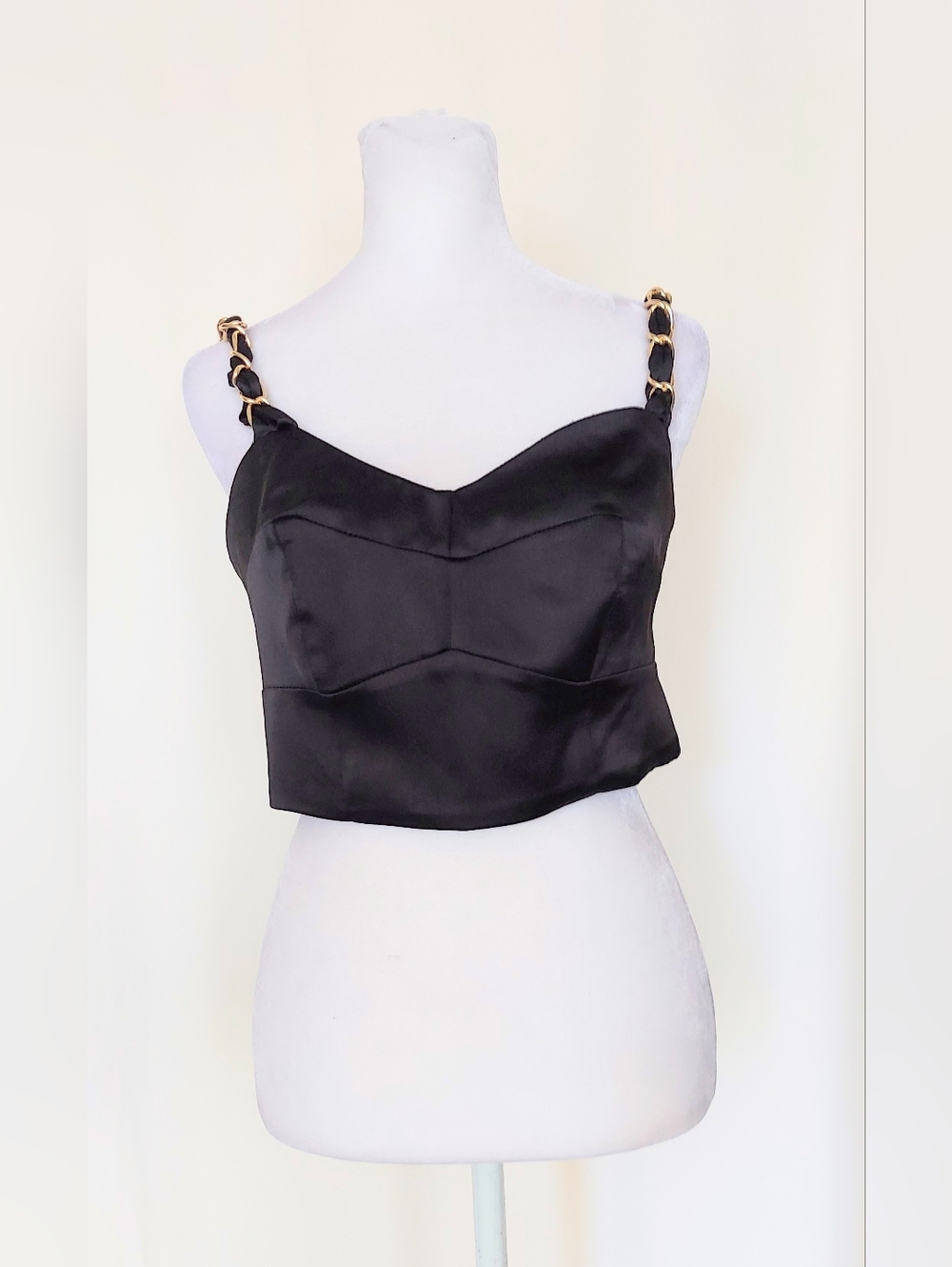River Island Black Cropped Corset Top Gold Chain Strap Detail US 6 UK 10 NWT